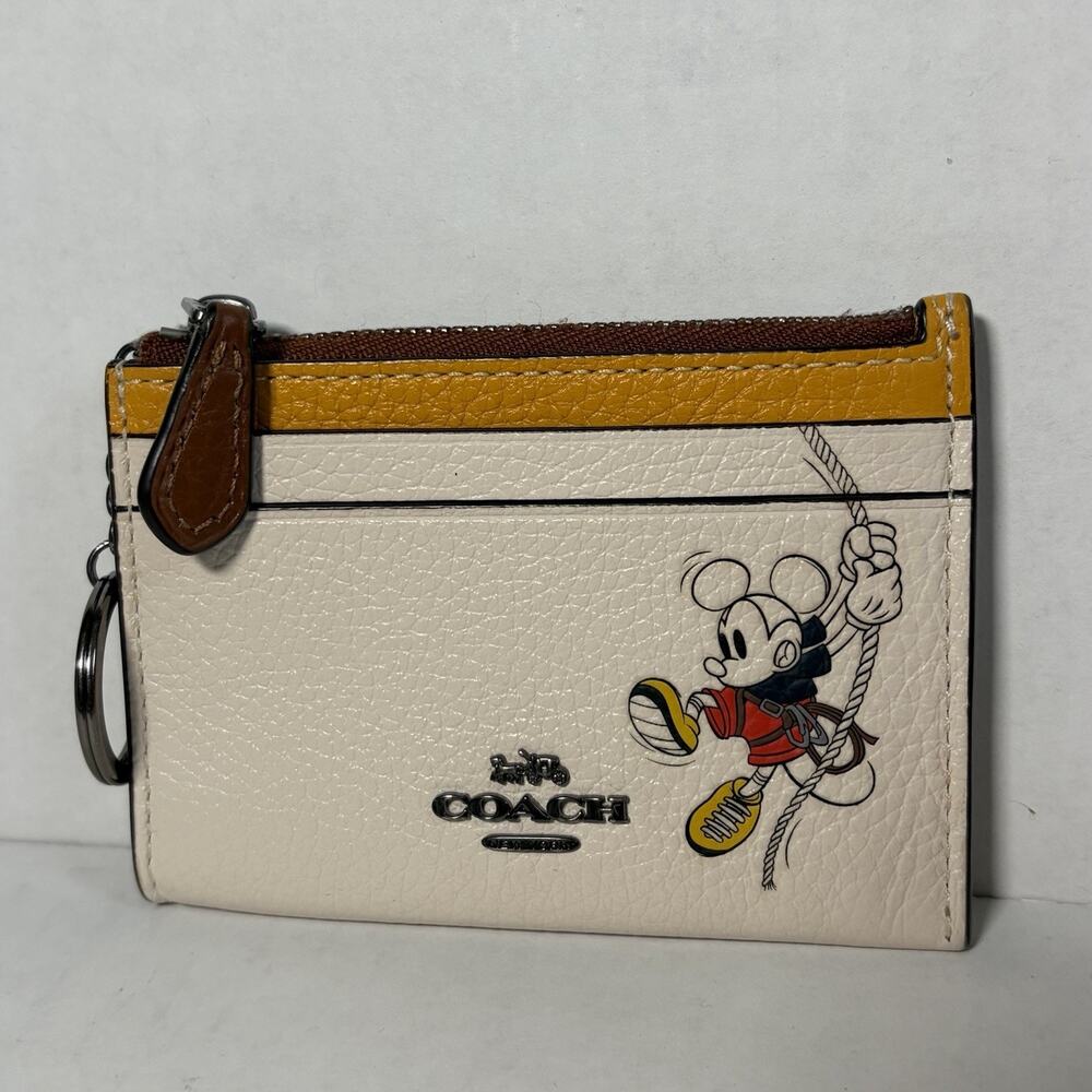 COACH Mickey Mouse Leather Mini Coin & Pass Case Keyring White Yellow